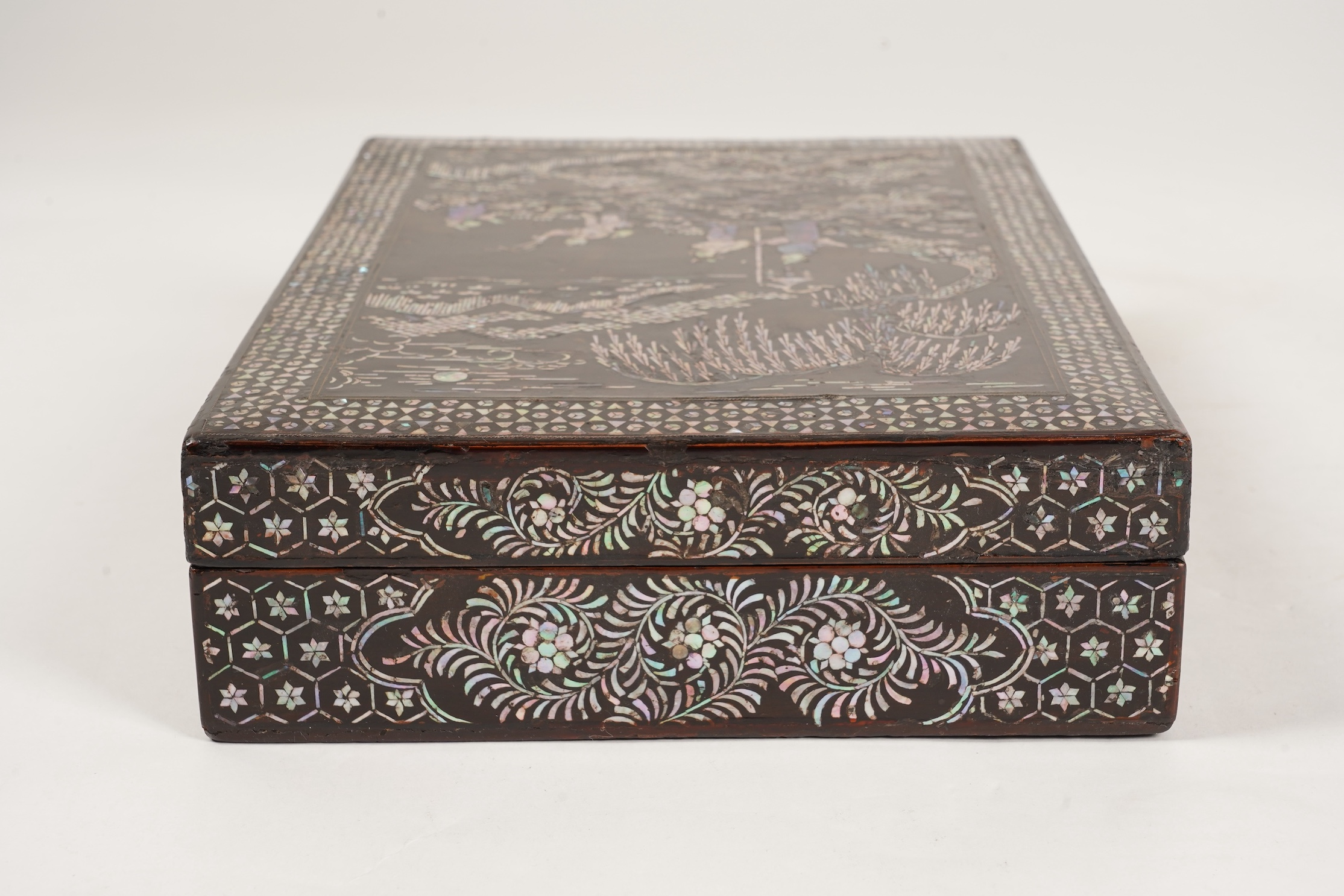A Chinese Ming mother-of-pearl inlaid lacquer document box and cover, 15th century